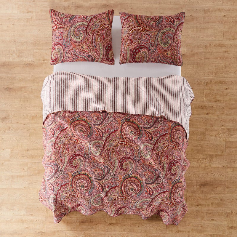 Levtex Home - Spruce Red Quilt Set - Full/Queen Quilt (88x92in.) + Two Standard Pillow Shams (26x20in.) - Paisley Pattern in Burgundy, Red, Tan, Grey - Reversible - Cotton - Image 2